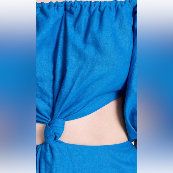 Farm Rio Linen Blend Midi Dress Blue Off-Shoulder Knot Cut-Out Women’s Small - Picture 13 of 16